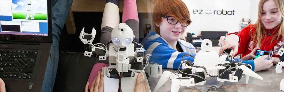 Children playing with robots at home, and at school.